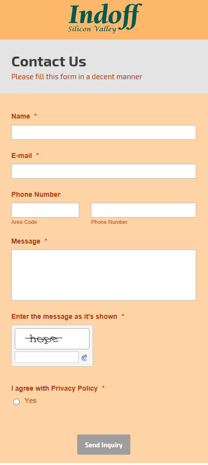 Indoff contact form, Name, email, phone number, image, anti-spam entry, agree with privacy policy confirmation